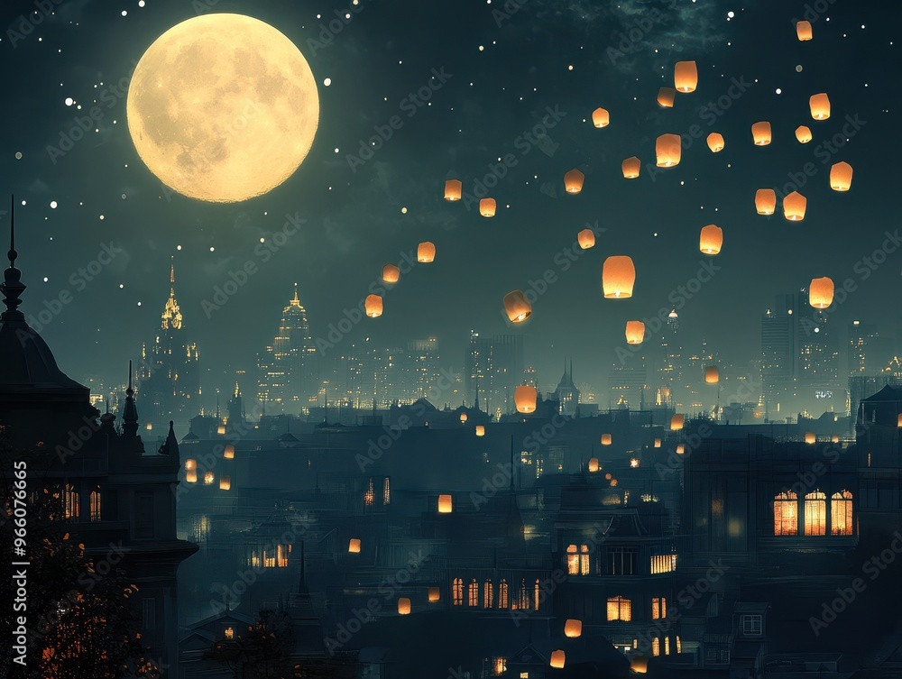Fototapeta premium Enchanting City Skyline under Full Moon with Lanterns Floating from Rooftops