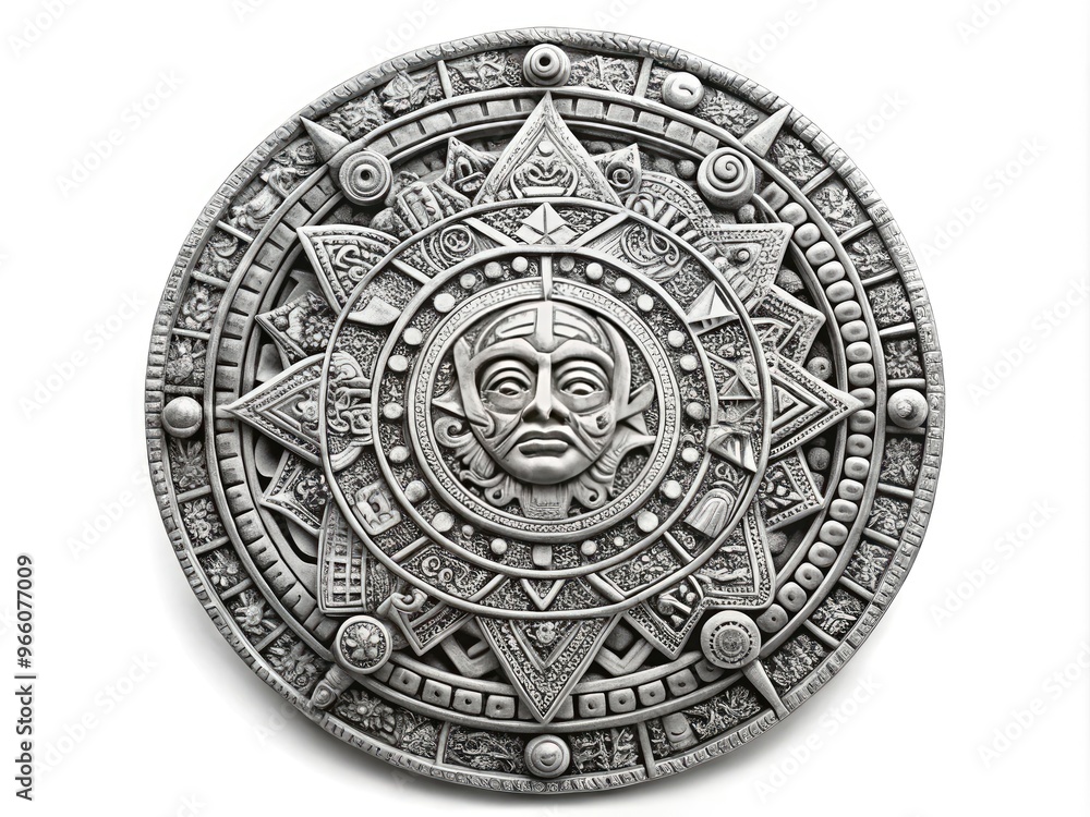 Fototapeta premium Intricate Black And White Line Drawing Of The Ancient Aztec Calendar Stone Against A White Background