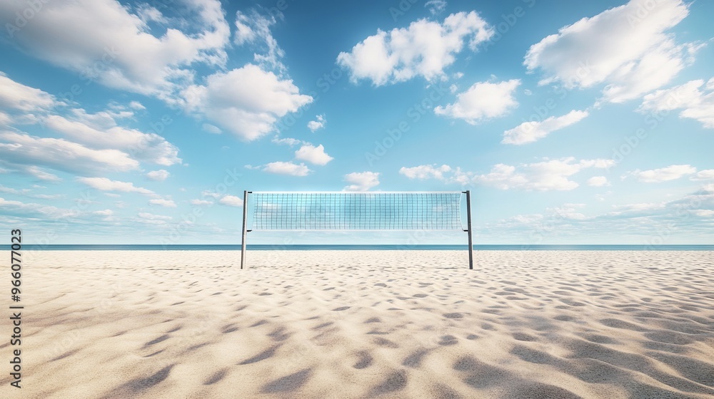 Beach Volleyball Court with Blue Sky and Sea Background - AI generated illustration Beach Volleyball Court with Blue Sky and Sea Background - AI generated illustration