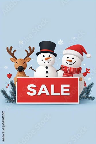 Promotion sale christmas conceptual. Festive winter scene featuring a reindeer and snowmen celebrating a holiday sale with cheerful decorations.
