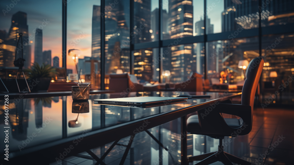 Modern Office with Laptop ,Overlooking City Skyline Modern Office with Laptop ,Overlooking City Skyline