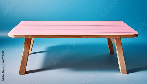 A pink and blue foldable table with wooden legs. The table is perfect for picnics, camping, or any outdoor event.