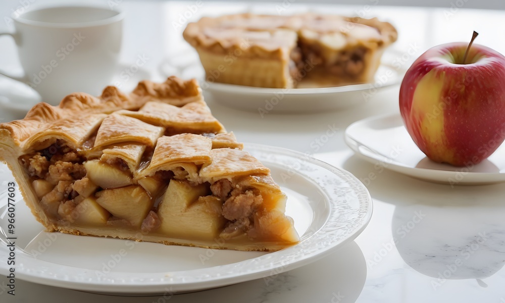 Homemade Apple Pie on Minimal White Desk, Generative AI Homemade Apple Pie on Minimal White Desk, Generative AI