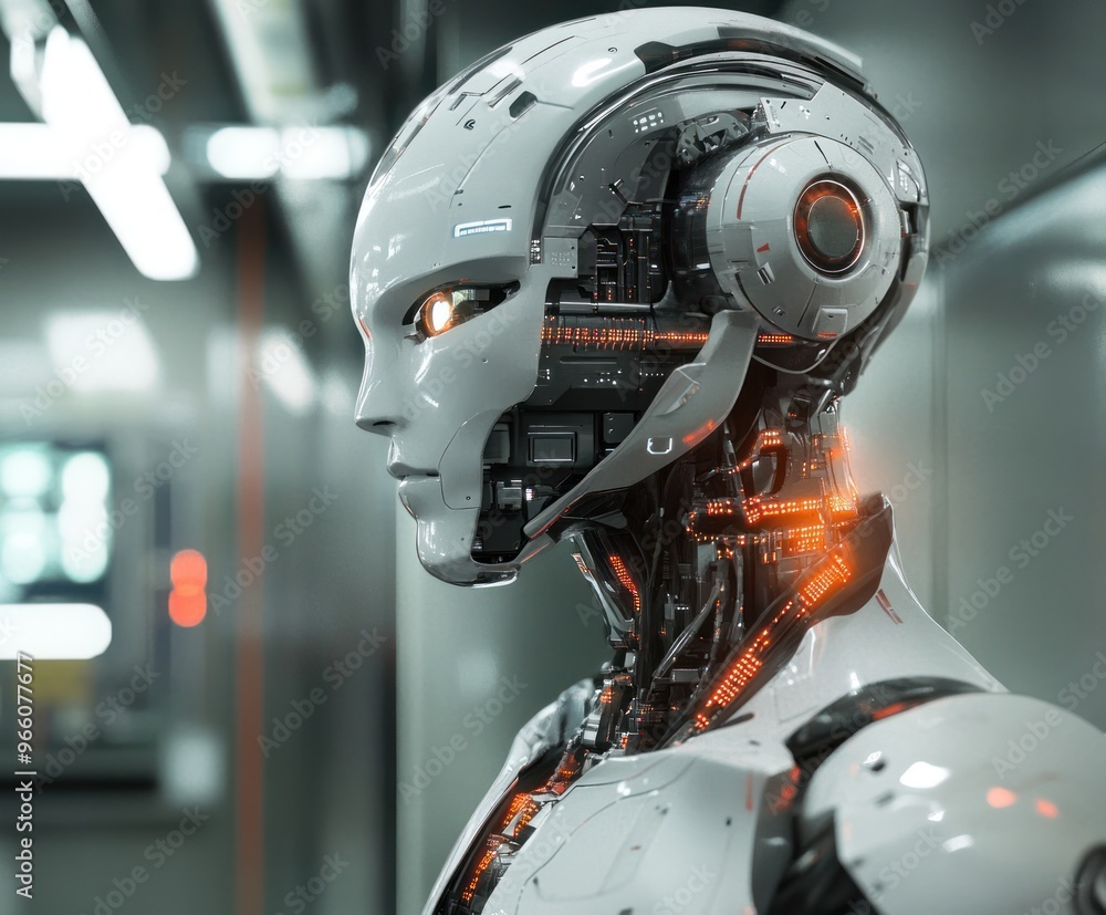 Futuristic Humanoid Robot Standing in a Room Futuristic Humanoid Robot Standing in a Room