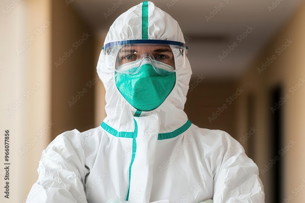 A medical professional wearing protective gear, including a mask and gloves, in a hospital setting, protective gear medical, healthcare safety A medical professional wearing protective gear, including a mask and gloves, in a hospital setting, protective gear medical, healthcare safety