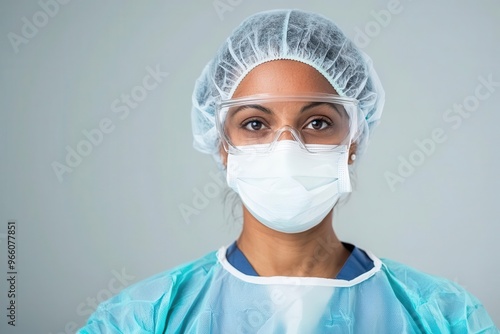 A medical professional wearing protective gear, including a mask and gloves, in a hospital setting, protective gear medical, healthcare safety