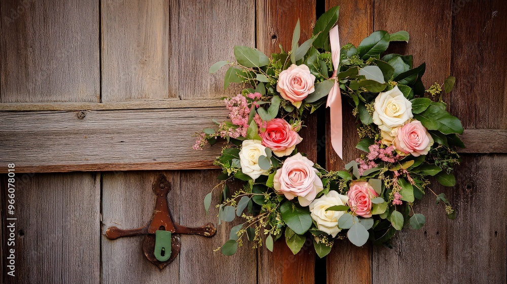 Floral Wreath on a Rustic Wooden Door Floral Wreath on a Rustic Wooden Door