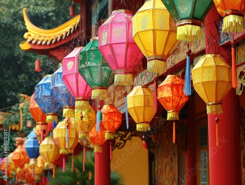 Serene Temple Courtyard Illuminated by Colorful Silk Lanterns Underneath a Harvest Moon