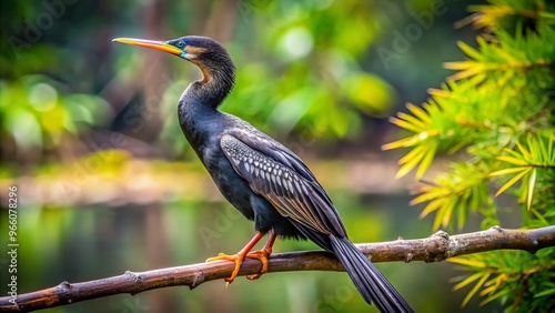 Anhinga bird perches on a branch, its sleek black body glistening with water droplets, its long neck curved, photo