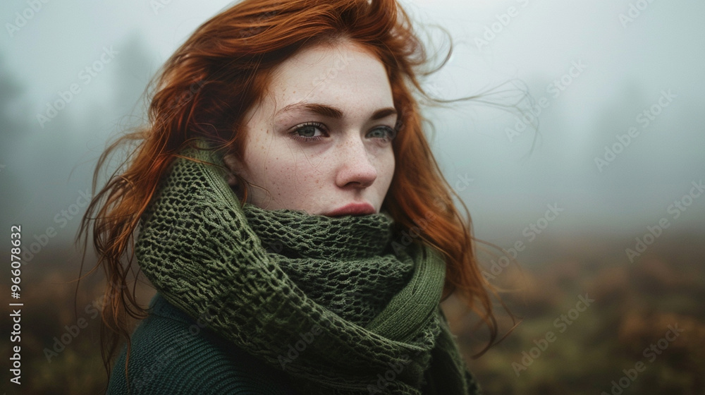 A young woman with flowing red hair wearing a green scarf, standing in the middle of a foggy forest, looking contemplative. A young woman with flowing red hair wearing a green scarf, standing in the middle of a foggy forest, looking contemplative.