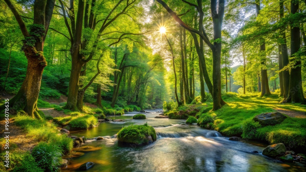 Obraz premium Lush Greenery Fills The Frame, With Towering Trees Casting Dappled Shadows Over Vibrant Undergrowth And A Babbling Stream Creating A Serene Symphony Amidst The Foliage.