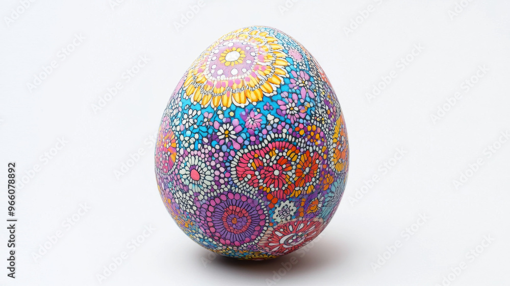A beautifully decorated Easter egg with intricate patterns in bright colors on a white background. A beautifully decorated Easter egg with intricate patterns in bright colors on a white background.