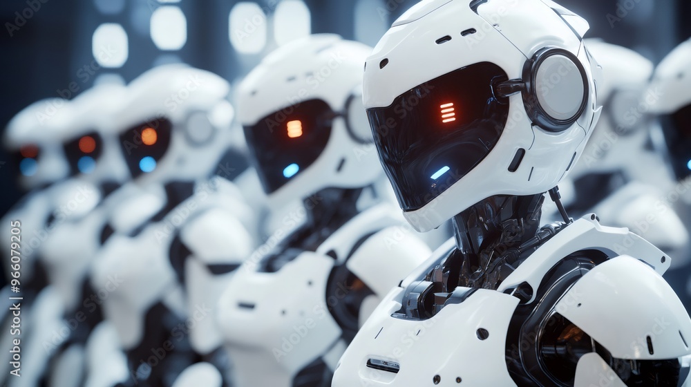 Close-up of a futuristic robot with glowing lights in its eyes, standing in a line with other robots. Close-up of a futuristic robot with glowing lights in its eyes, standing in a line with other robots.