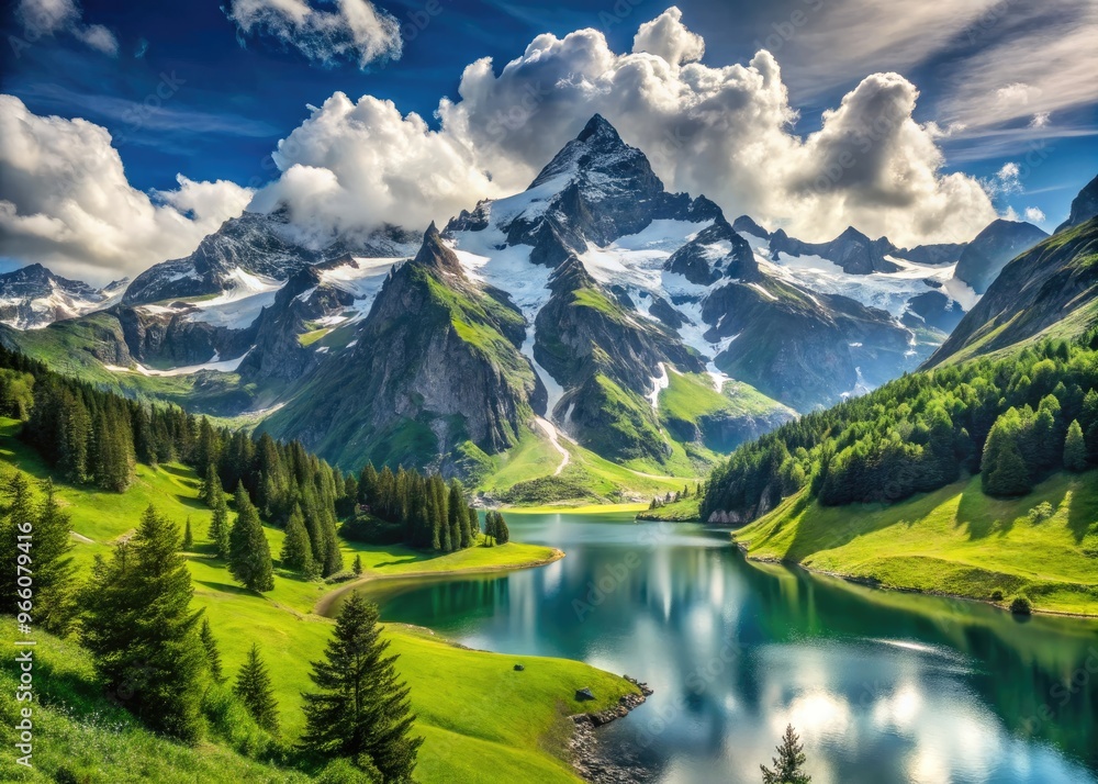 Majestic Entlebucher Mountain scenery featuring lush green meadows, serene alpine lakes, and rugged snow-capped peaks under a brilliant blue sky with wispy white clouds. Majestic Entlebucher Mountain scenery featuring lush green meadows, serene alpine lakes, and rugged snow-capped peaks under a brilliant blue sky with wispy white clouds.