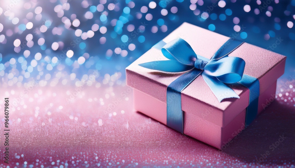 A pixelated, pink gift box with blue ribbon and glittery background. Perfect for celebrating a special occasion or representing the joy of receiving a present. A pixelated, pink gift box with blue ribbon and glittery background. Perfect for celebrating a special occasion or representing the joy of receiving a present.