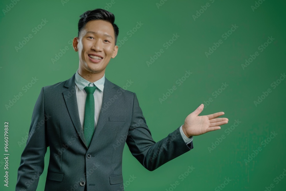 Happy Asian businessman presenting open hand with copy space on green background Happy Asian businessman presenting open hand with copy space on green background