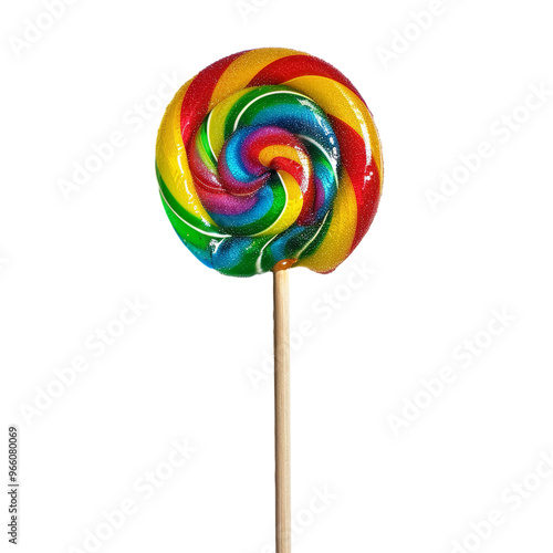 Wallpaper Mural Close-up of a colorful rainbow swirl lollipop on a wooden stick, set against a plain white background. Torontodigital.ca