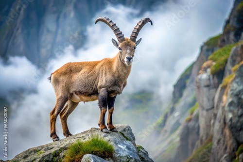 Majestic mountain goat ibex stands proudly on a rugged rocky outcropping, its curved horns and shaggy coat blending seamlessly into the misty alpine landscape. photo