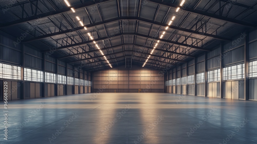 Empty Modern Warehouse with High Ceilings and LED Lighting - AI generated illustration. Empty Modern Warehouse with High Ceilings and LED Lighting - AI generated illustration.