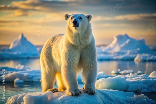 Majestic polar bear stands upright on ice floe, fur glistening in Arctic sunlight, as it surveys vast Baffin Island wilderness in breathtaking frozen landscape. photo