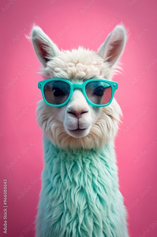Fototapeta premium A Playful Pink Alpaca Sporting Turquoise Sunglasses Perfect for Summer Vibes and Fun Promotional Material