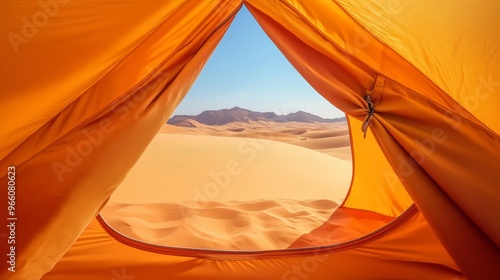 Views of a desert landscape from the orange tent. Summer, travel, nature, sandy dunes. generative ai photo