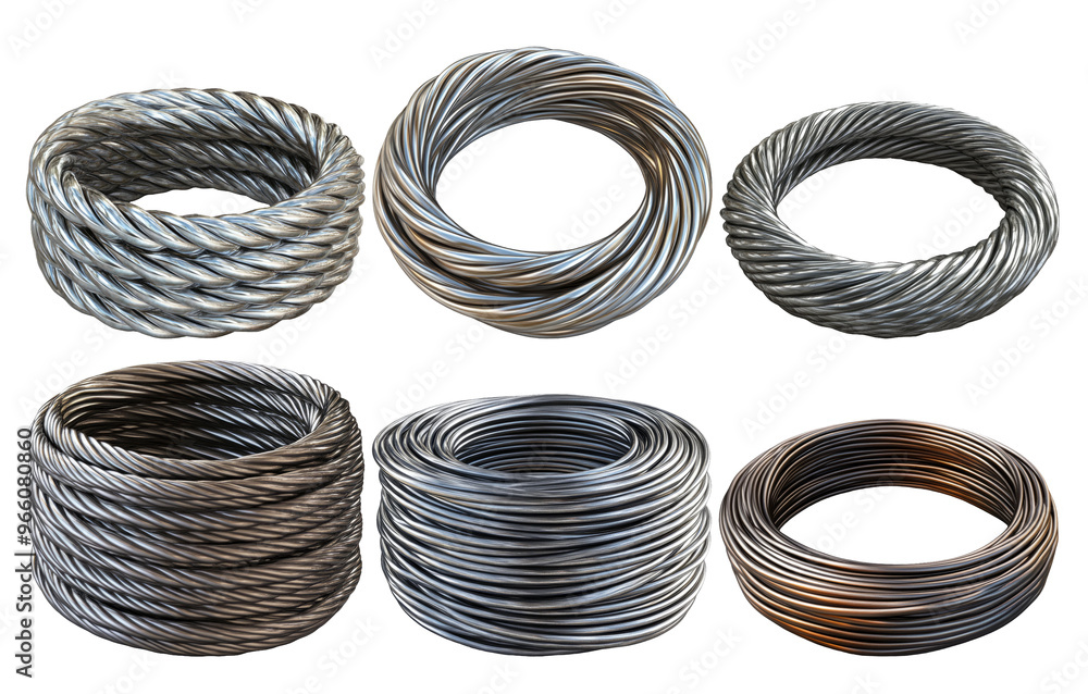Metal wire coils arranged in different sizes isolated on transparent background Metal wire coils arranged in different sizes isolated on transparent background