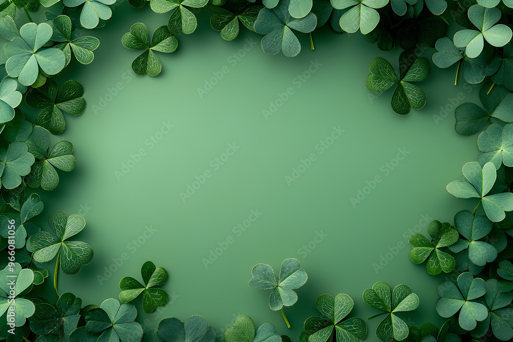 A lush green background framed by clover leaves, ideal for St. Patrick's Day or nature themes. A lush green background framed by clover leaves, ideal for St. Patrick's Day or nature themes.