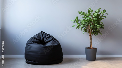A black bean bag chair sits next to a houseplant in a room with light gray walls. There's room for writing something here.