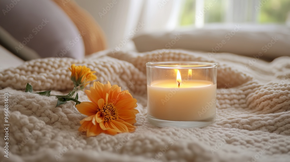 Candle in Glass Container on Bed with Beige Blanket and Orange Flowers - AI generated illustration Candle in Glass Container on Bed with Beige Blanket and Orange Flowers - AI generated illustration