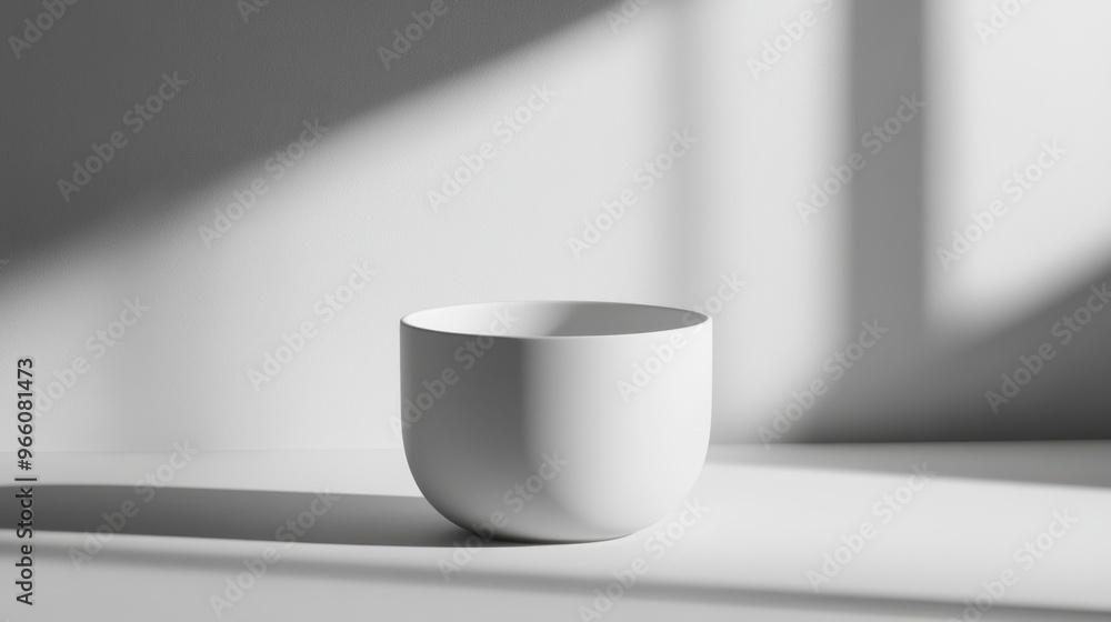 White porcelain cup with minimalist design, set against a neutral background with shadows for a clean aesthetic.