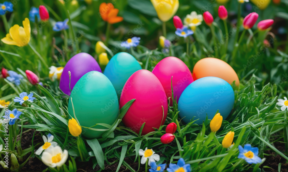 Colorful Easter eggs are nestled in the grass surrounded by spring flowers Colorful Easter eggs are nestled in the grass surrounded by spring flowers