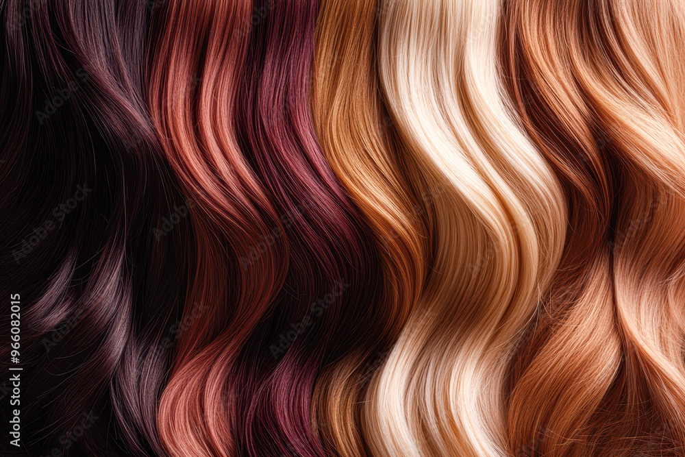 A row of hair with different colors, including brown, red, and blonde A row of hair with different colors, including brown, red, and blonde