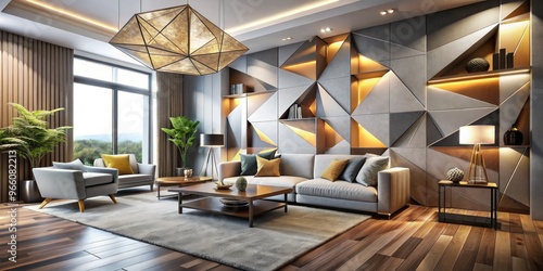 Modern Interior With Geometric Shapes, Asymmetrical Lines, And Layered Planes Creating A Visually Dynamic And Fragmented Space photo