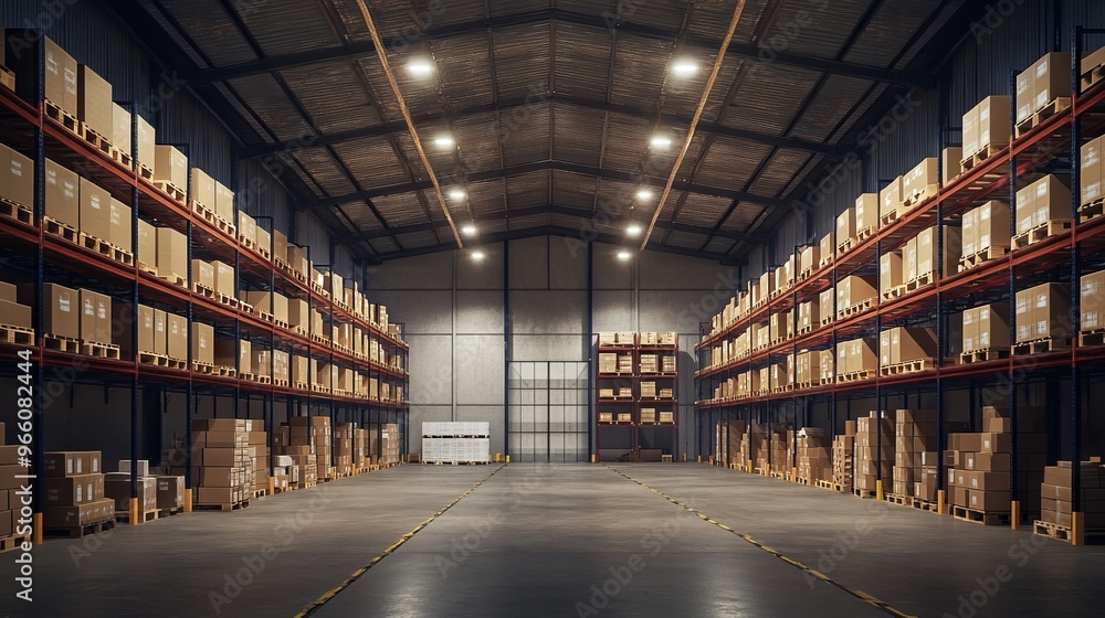Modern Warehouse with High Ceilings and Pallet Racking - AI generated illustration Modern Warehouse with High Ceilings and Pallet Racking - AI generated illustration
