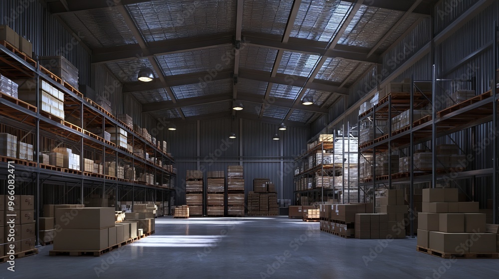 Modern Warehouse with High Ceilings and Pallet Racking - AI generated illustration Modern Warehouse with High Ceilings and Pallet Racking - AI generated illustration