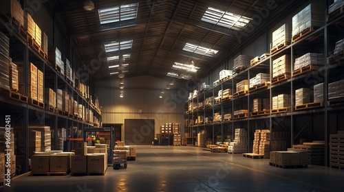 Modern Warehouse with High Ceilings and Pallet Racking - AI generated illustration