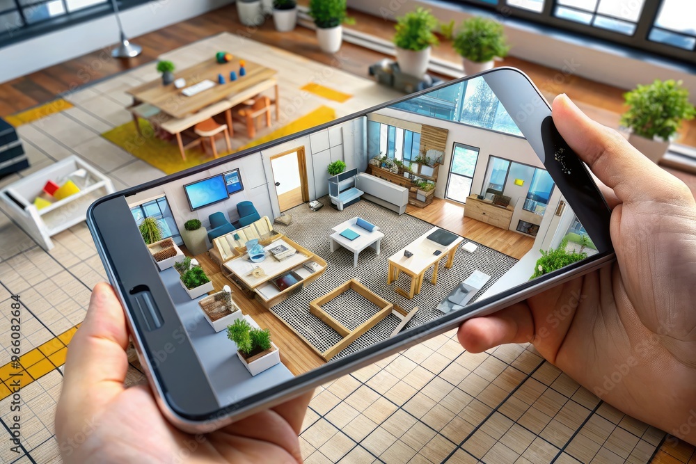 View of Modern smartphone displaying a sleek home renovation app, with 3D floor ...