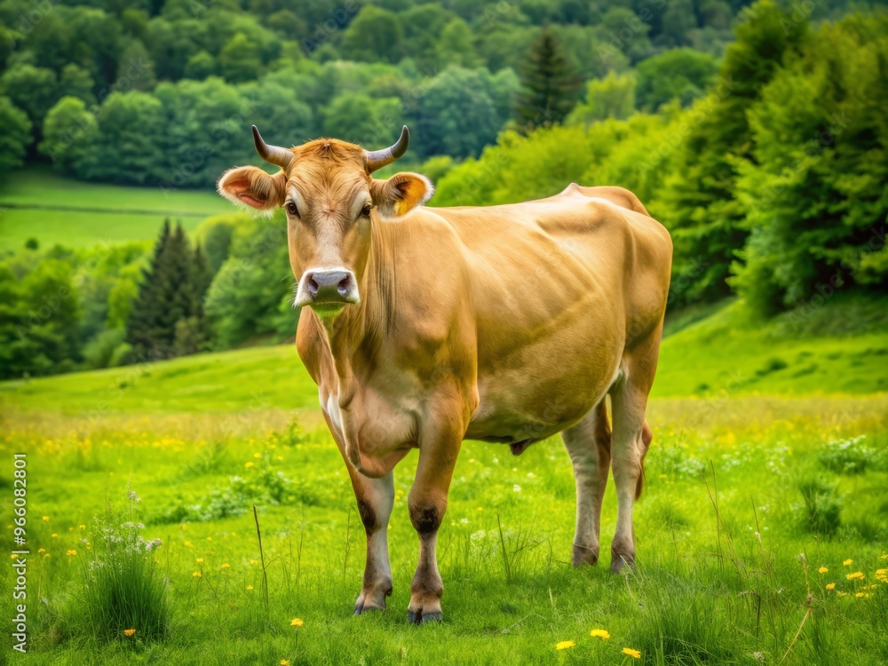 A rural scene featuring a cow standing in a lush green meadow, showcasing its distinctive split hooves, a A rural scene featuring a cow standing in a lush green meadow, showcasing its distinctive split hooves, a