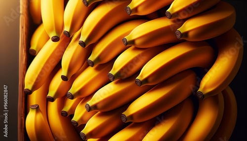 A bunch of ripe bananas tightly packed to show off their bright yellow color and smooth texture. photo