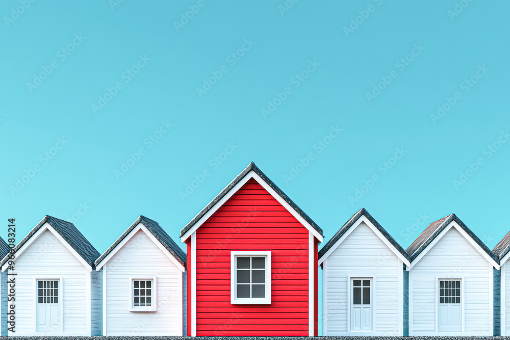 A row of houses with one red house in the middle A row of houses with one red house in the middle