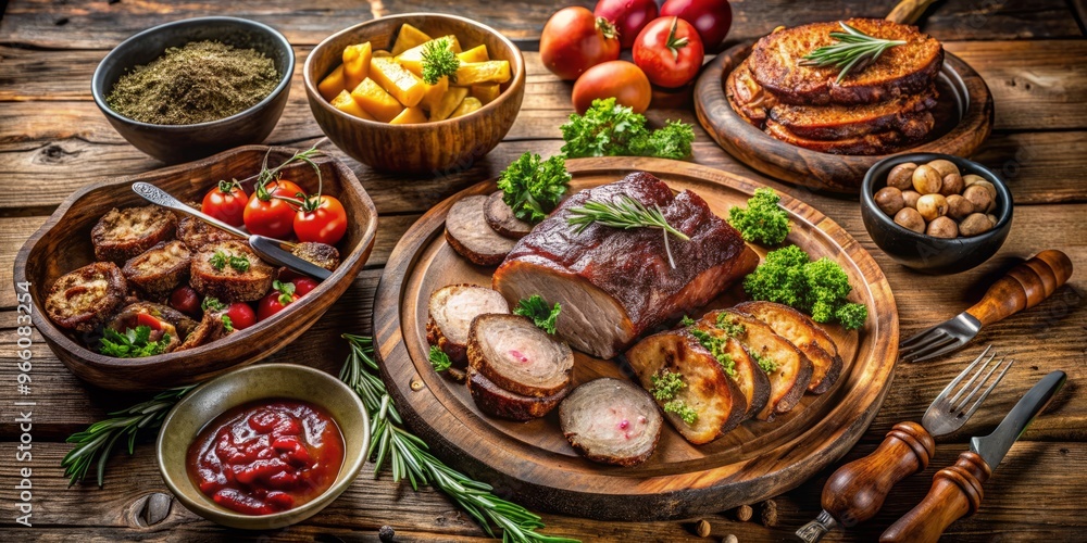 A rustic, wooden table holds a variety of mouth-watering, crispy-skinned, slow-cooked meats, fresh vegetables, and A rustic, wooden table holds a variety of mouth-watering, crispy-skinned, slow-cooked meats, fresh vegetables, and