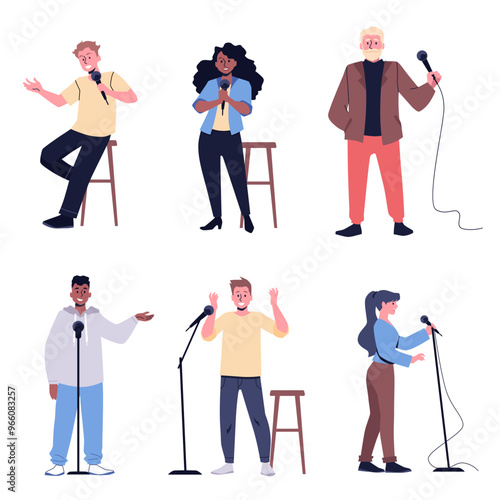 Comedian elderly and young artists with microphone perform stand-up comedy show vector flat set, live performer, speaker