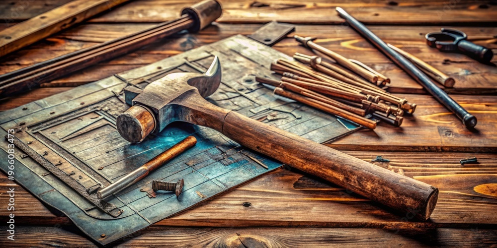 A rusty old hammer rests on a wooden table, surrounded by scattered tools and scattered blueprints, evoking a A rusty old hammer rests on a wooden table, surrounded by scattered tools and scattered blueprints, evoking a