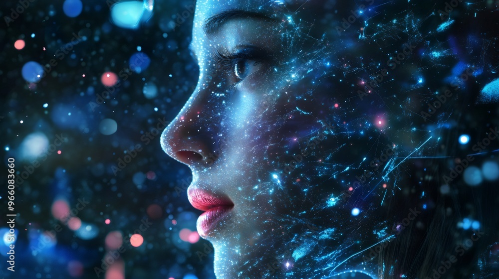 Close-up portrait of a woman's face with glowing blue particles. Close-up portrait of a woman's face with glowing blue particles.