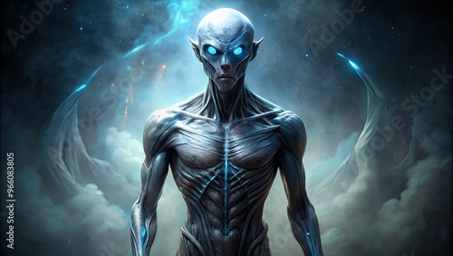 Mysterious, towering, gray-skinned extraterrestrial being with glowing blue eyes and long, slender limbs stands motionless in a dark, atmospheric sci-fi environment.