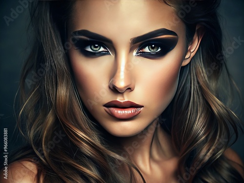 A seductive portrait of a young woman with bold, smoky eyes, accentuated by dark eyeliner and lashes, gazing