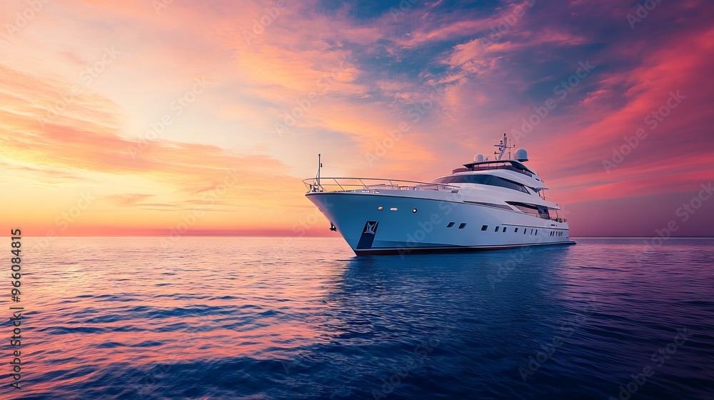 Luxury Yacht Sailing at Sunset on Calm Ocean - AI generated illustration Luxury Yacht Sailing at Sunset on Calm Ocean - AI generated illustration