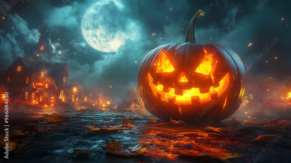 Naklejka premium Glowingly Carved Jack-o'-Lantern on Spooky Halloween Night Under the Full Moon
