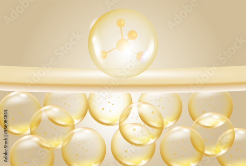 Golden collagen serum drops. Cosmetic liquid, oil bubble. Concept skin care cosmetics solution. Vector illustration